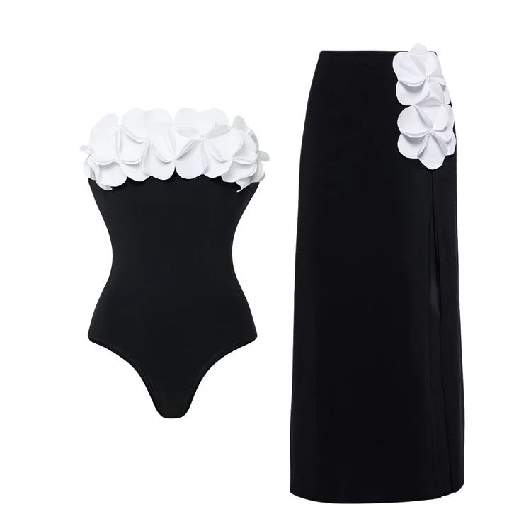 Women’s 3D Flower Black and White Color Block One Piece Swimsuit and Skirt Set