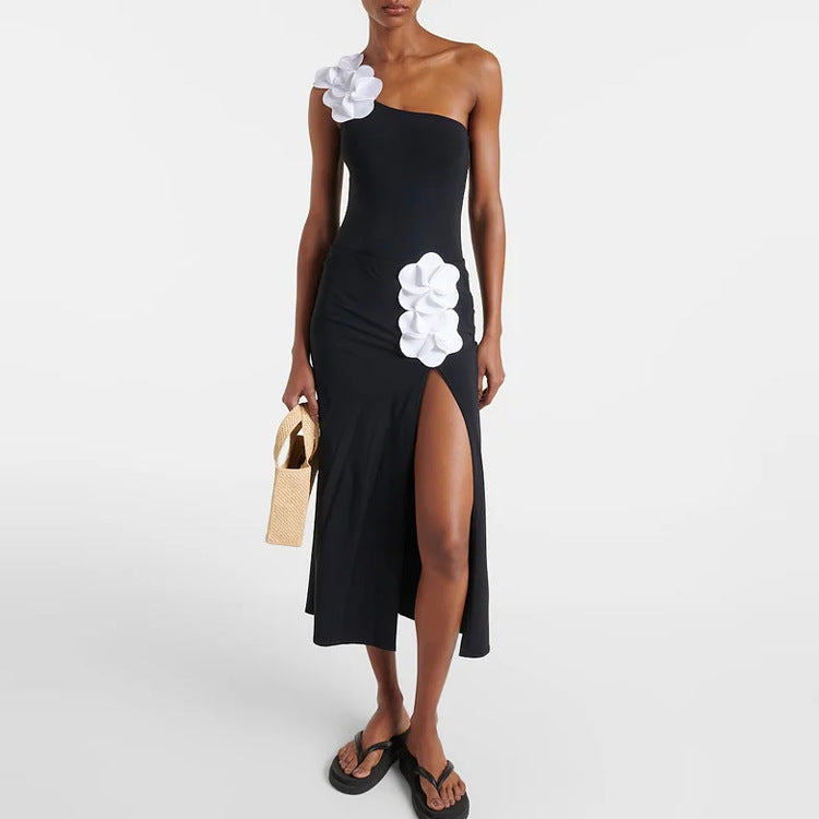 Women’s 3D Flower Black and White Color Block One Piece Swimsuit and Skirt Set