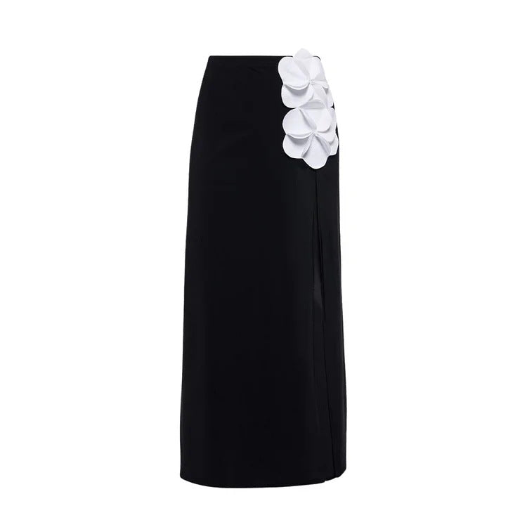 Women’s 3D Flower Black and White Color Block One Piece Swimsuit and Skirt Set