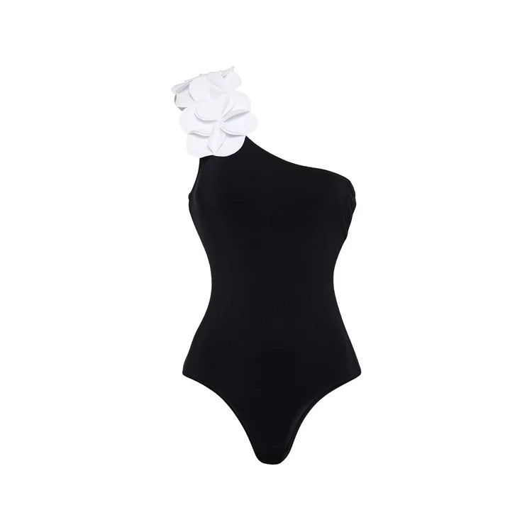 Women’s 3D Flower Black and White Color Block One Piece Swimsuit and Skirt Set