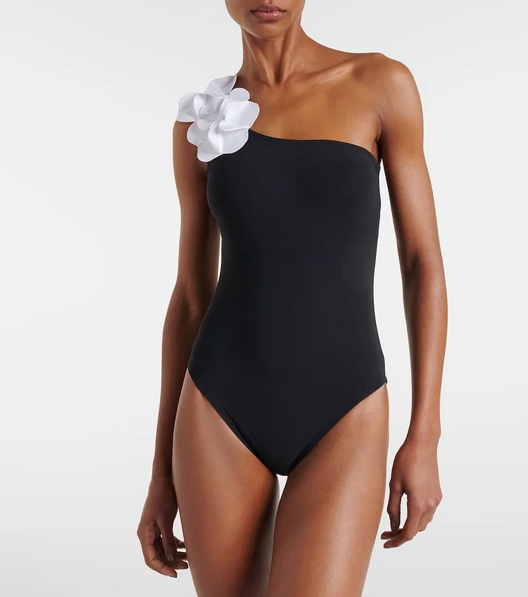 Women’s 3D Flower Black and White Color Block One Piece Swimsuit and Skirt Set