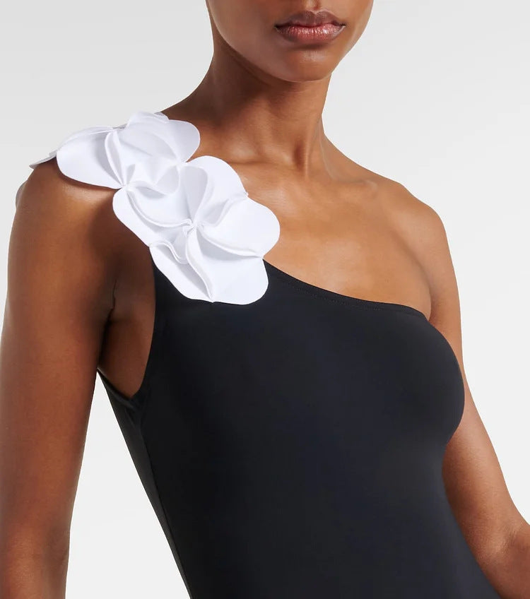 Women’s 3D Flower Black and White Color Block One Piece Swimsuit and Skirt Set