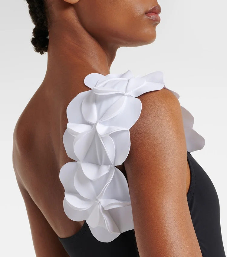 Women’s 3D Flower Black and White Color Block One Piece Swimsuit and Skirt Set