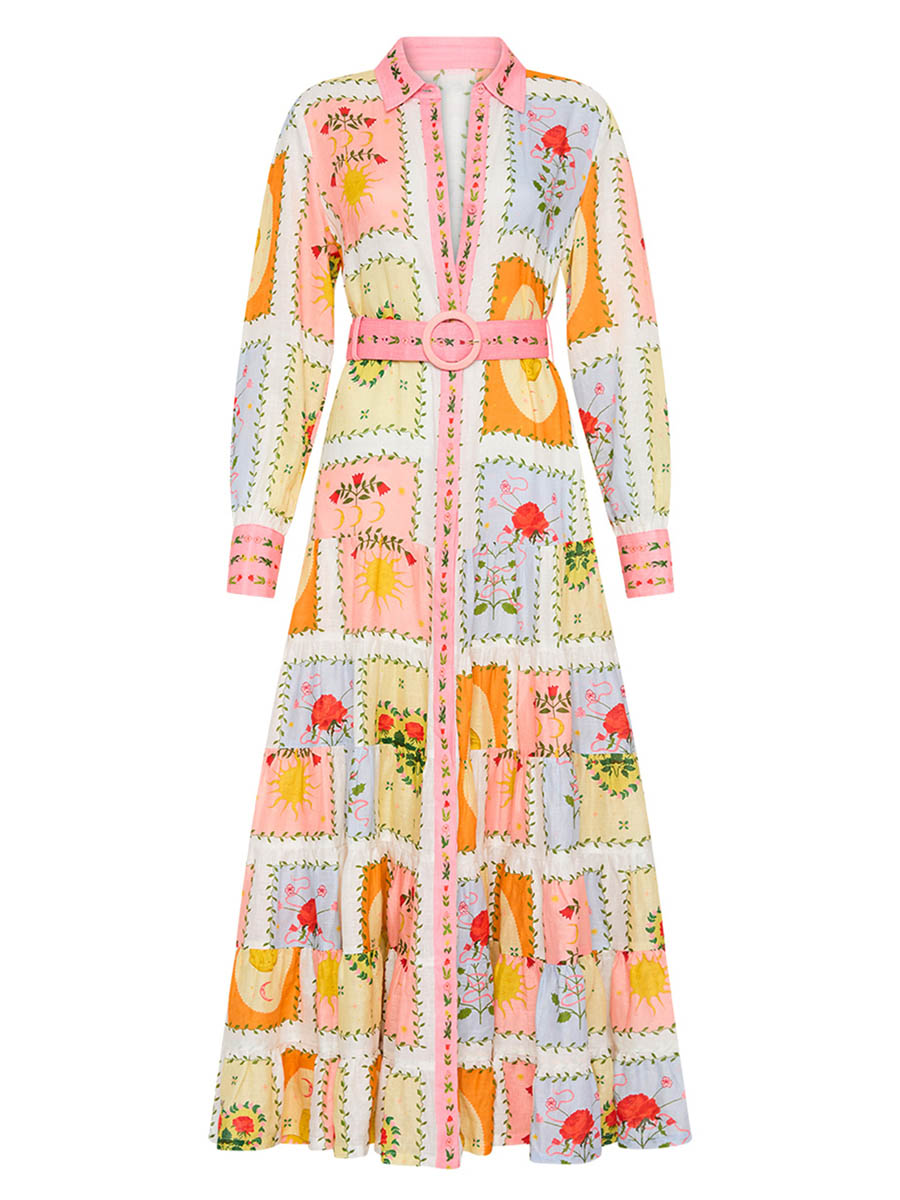 Printed Long Sleeve Belted Maxi Dress