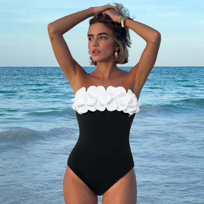 Women’s 3D Flower Black and White Color Block One Piece Swimsuit and Skirt Set