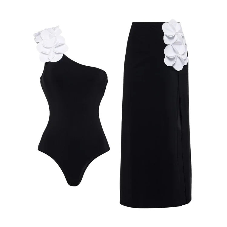 Women’s 3D Flower Black and White Color Block One Piece Swimsuit and Skirt Set