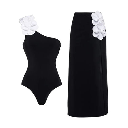 Women’s 3D Flower Black and White Color Block One Piece Swimsuit and Skirt Set