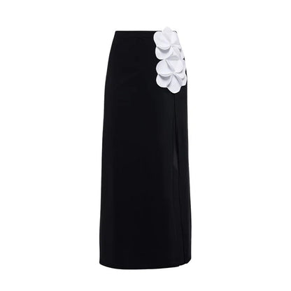 Women’s 3D Flower Black and White Color Block One Piece Swimsuit and Skirt Set