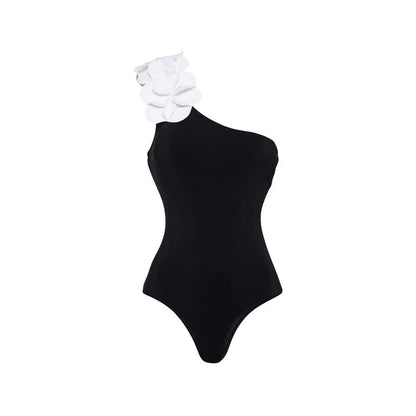 Women’s 3D Flower Black and White Color Block One Piece Swimsuit and Skirt Set