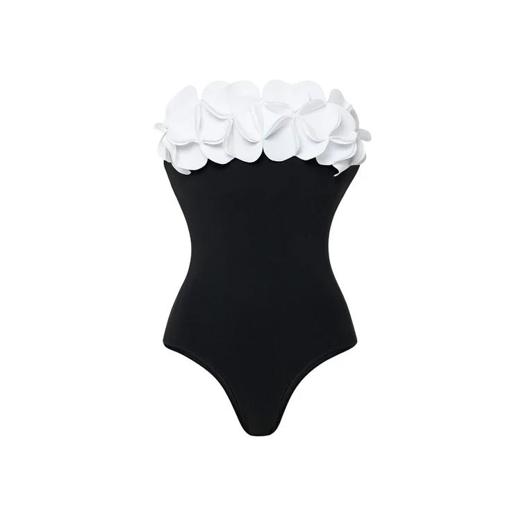 Women’s 3D Flower Black and White Color Block One Piece Swimsuit and Skirt Set