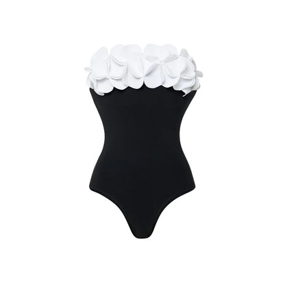 Women’s 3D Flower Black and White Color Block One Piece Swimsuit and Skirt Set