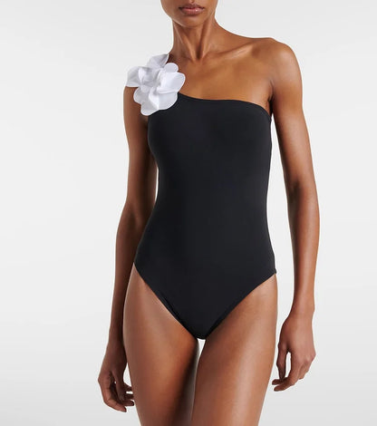 Women’s 3D Flower Black and White Color Block One Piece Swimsuit and Skirt Set