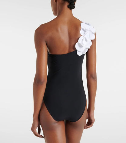 Women’s 3D Flower Black and White Color Block One Piece Swimsuit and Skirt Set