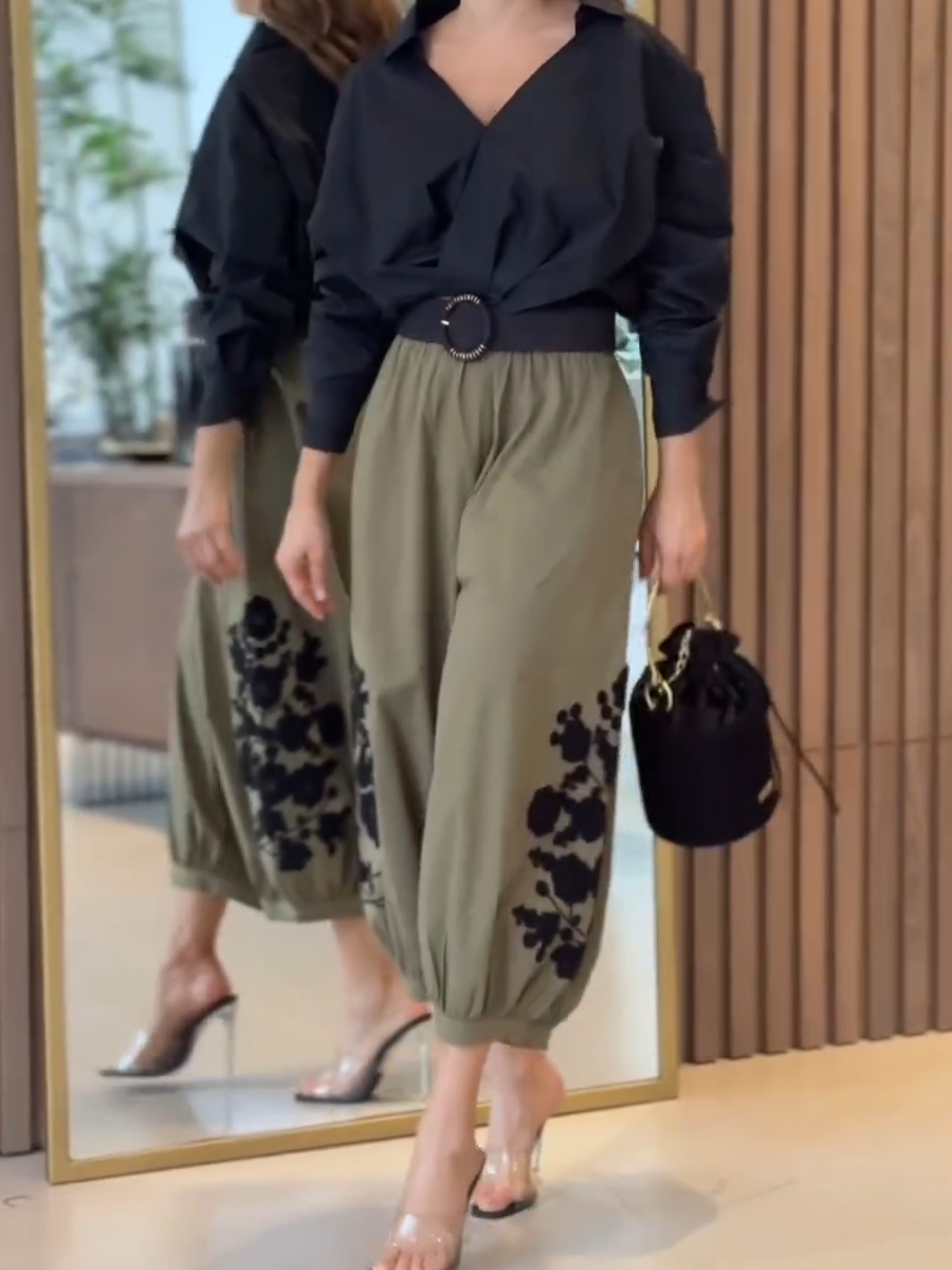 Embroidered elasticated wide-leg pants