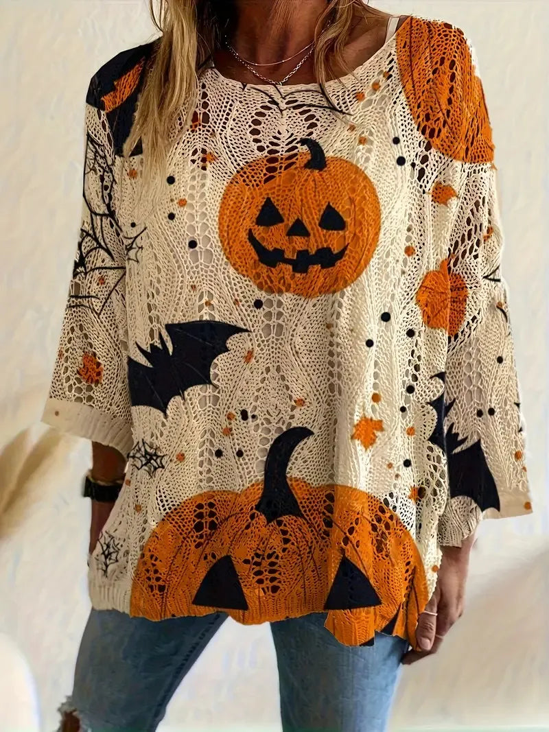 🎃Halloween Hot Sale🔥Halloween Crew Neck Pumpkin Loose Fit Long Sleeve Cutout Sweater