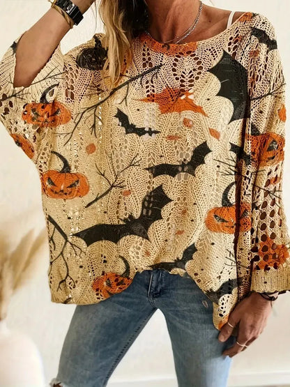 🎃Halloween Hot Sale🔥Halloween Crew Neck Pumpkin Loose Fit Long Sleeve Cutout Sweater