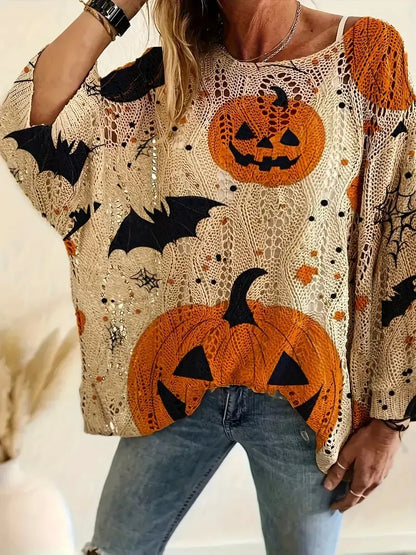 🎃Halloween Hot Sale🔥Halloween Crew Neck Pumpkin Loose Fit Long Sleeve Cutout Sweater