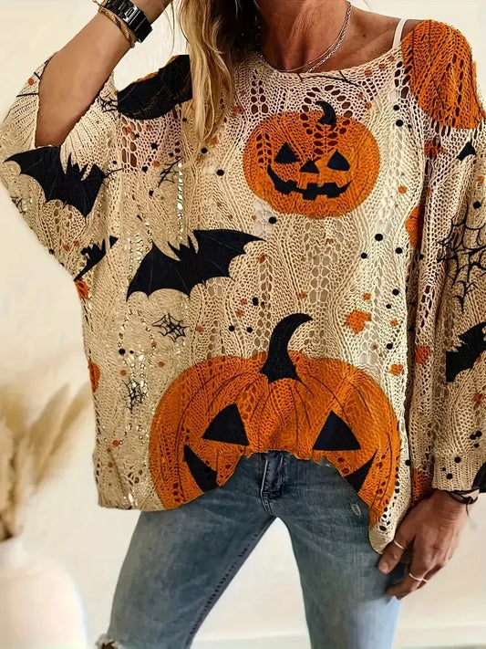 🎃Halloween Hot Sale🔥Halloween Crew Neck Pumpkin Loose Fit Long Sleeve Cutout Sweater