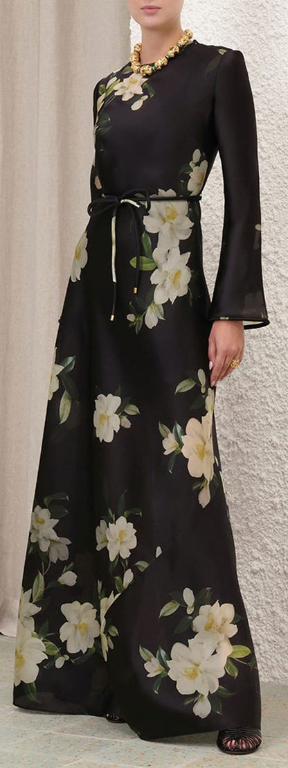 Camellia flower black long dress