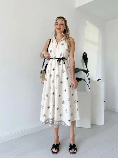 White halter neck printed button dress