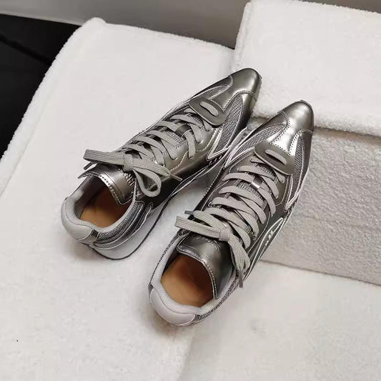 Silver soft leather arch support pointed toe casual shoes