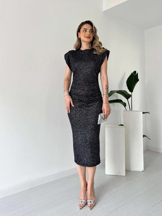 Shoulder padded waist slim glitter dress