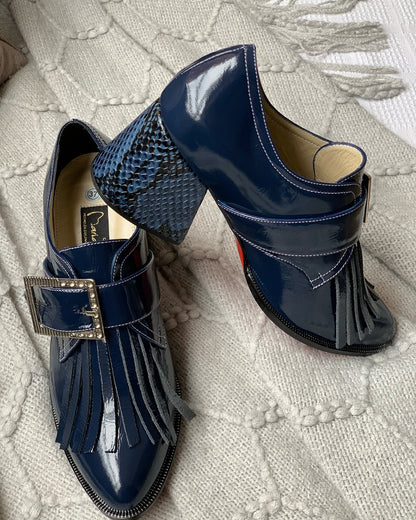 Blue shiny leather low heel women's boots