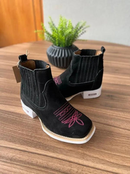 Black embroidered pattern elasticated ankle boots