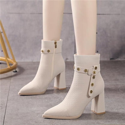 Flower diamond-studded chunky-heeled women's high-heeled boots