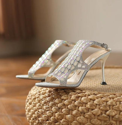 Spun rhinestone stitching mesh low-heeled sandals and slippers