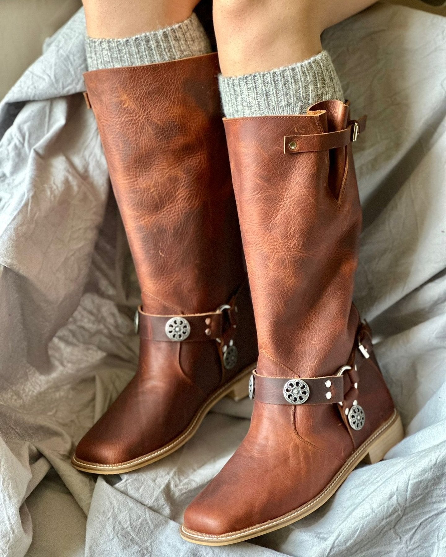 Stretch genuine leather studded soft sole mid-calf boots