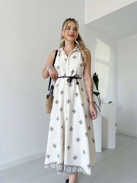 White halter neck printed button dress