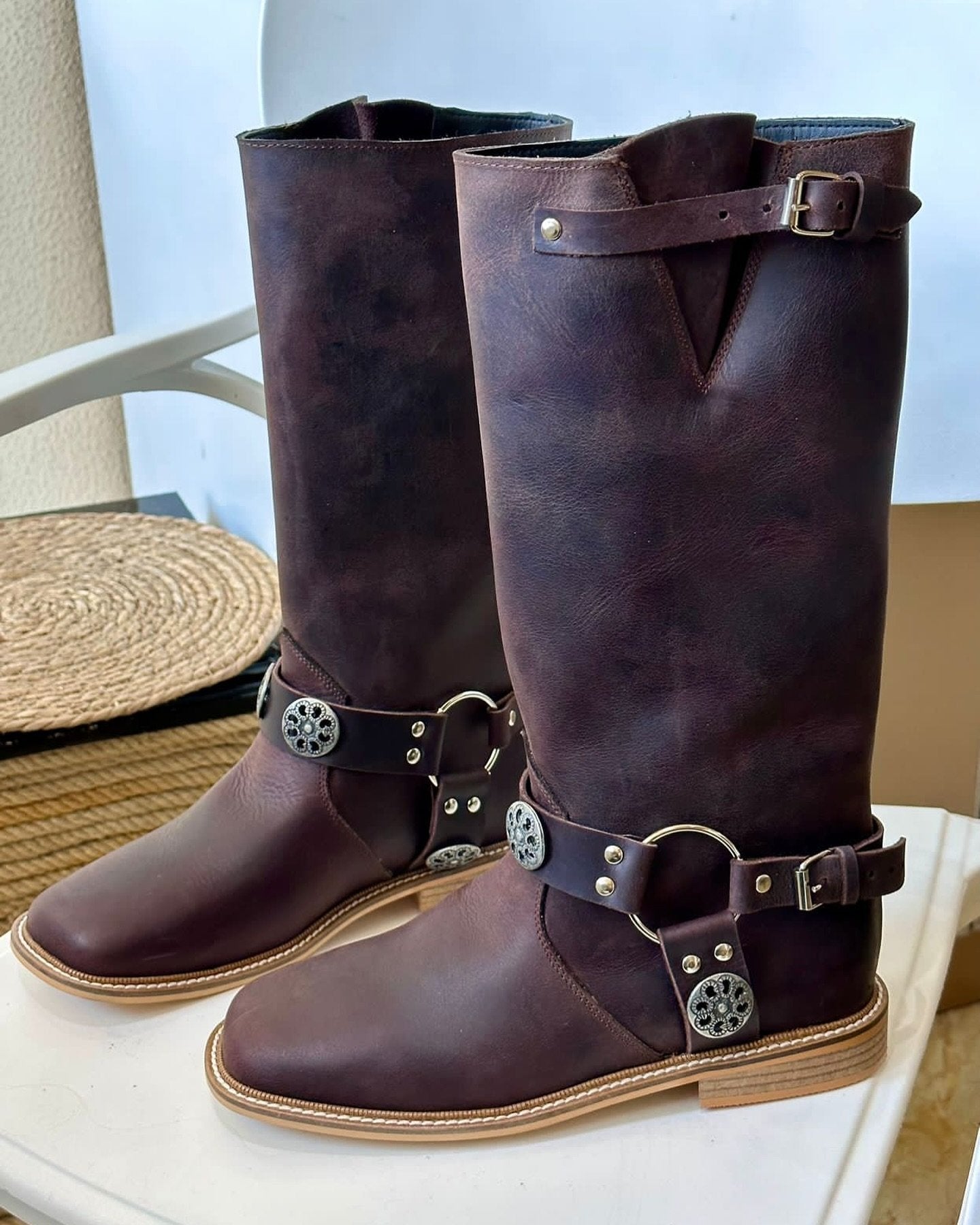 Stretch genuine leather studded soft sole mid-calf boots