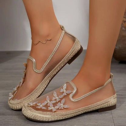 Gauze breathable butterfly pearl decorated casual shoes flats