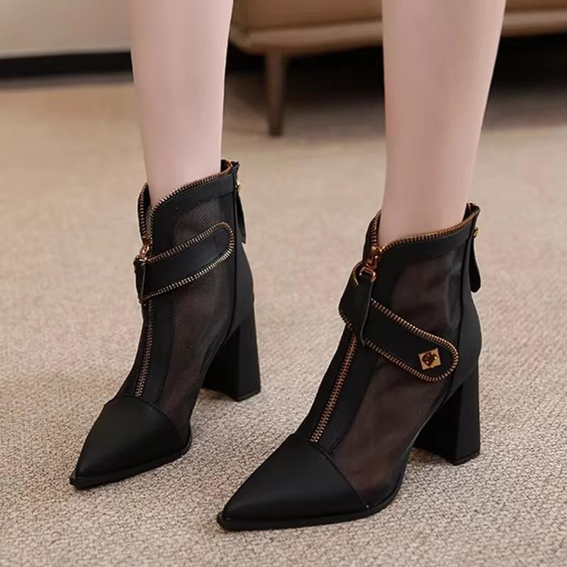 Spun spliced zipper block heel high heels-7cm