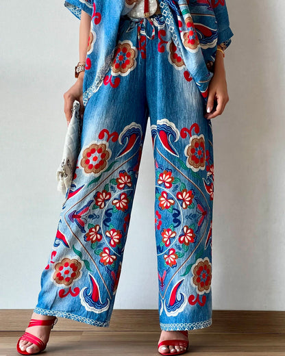 Denim floral print casual loose suit