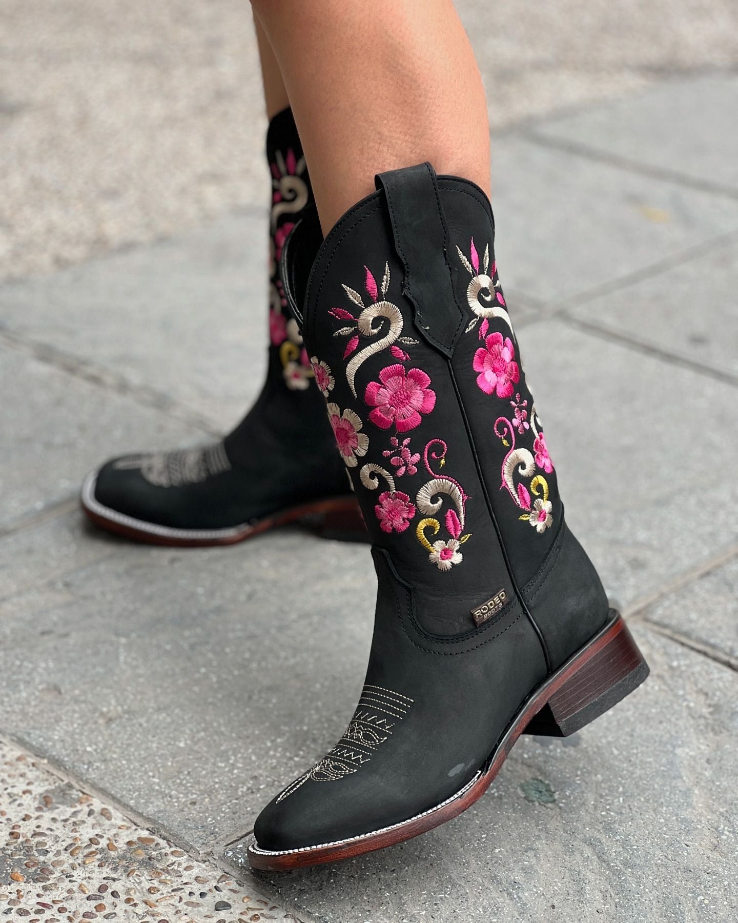 Women's Black Floral Embroidered Mid Boots