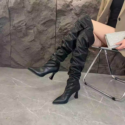 Long soft leather pleated thick heel women's boots