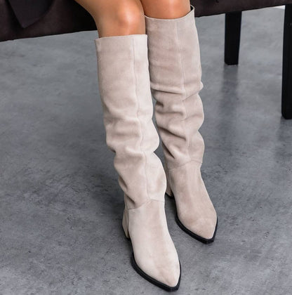 Natural Warm Soft Leather Block Heel Low Heel Boots