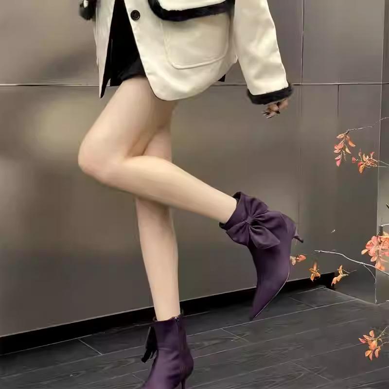 Pointed toe French bow women's short boots