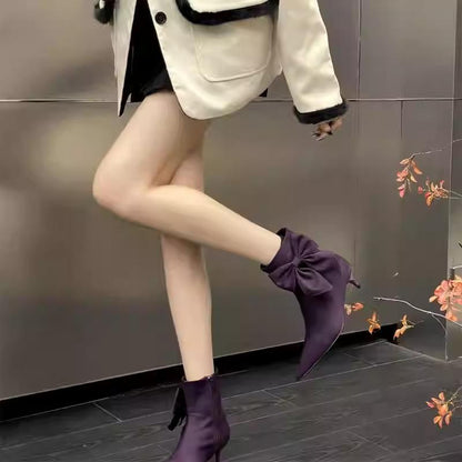 Pointed toe French bow women's short boots