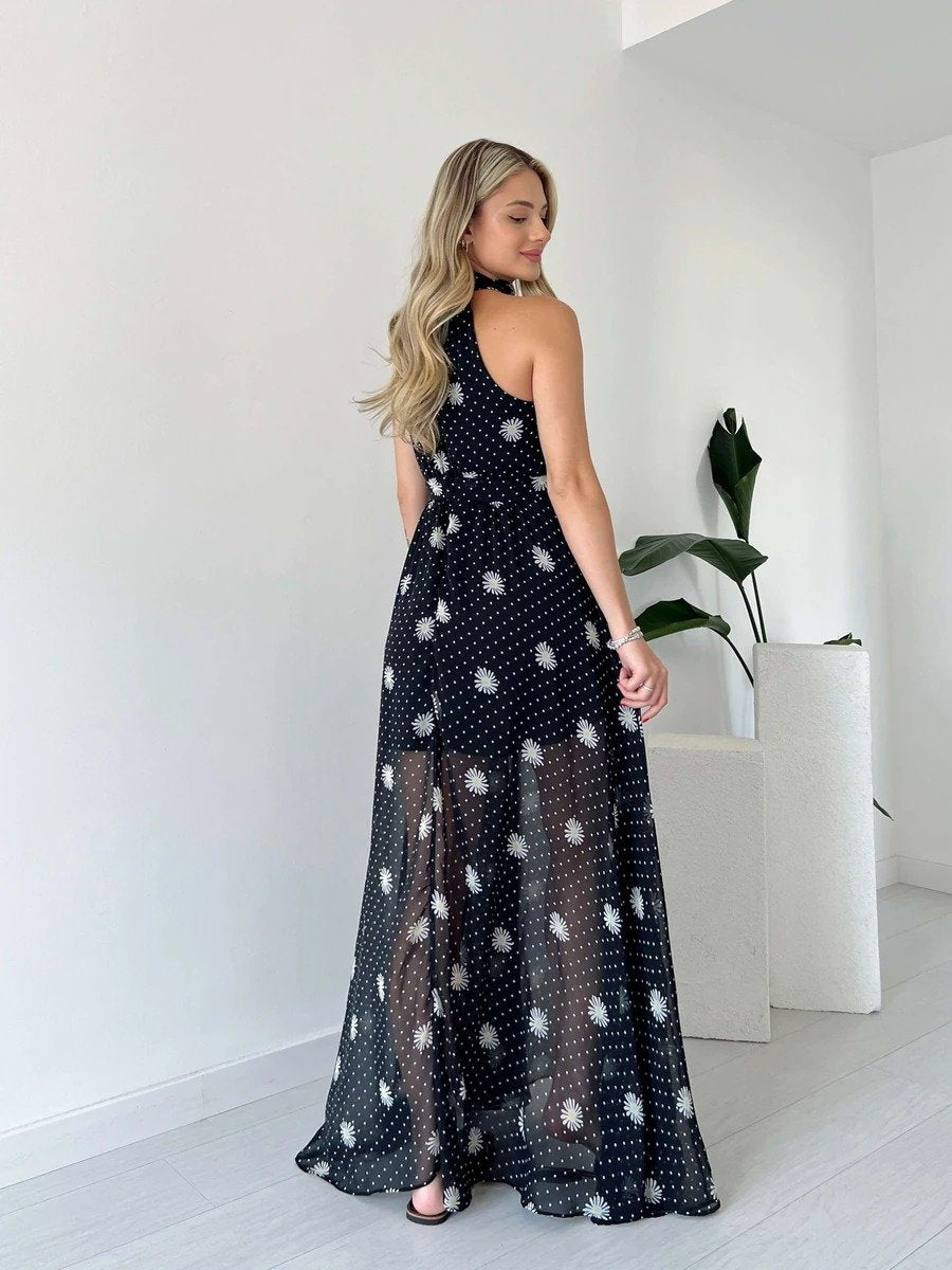 Polka dot halterneck slit dress