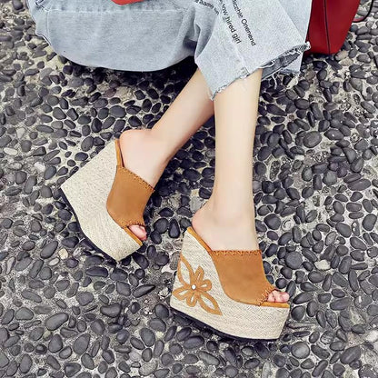 Heightened suede woven slippers-14cm