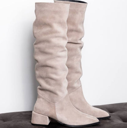 Natural Warm Soft Leather Block Heel Low Heel Boots