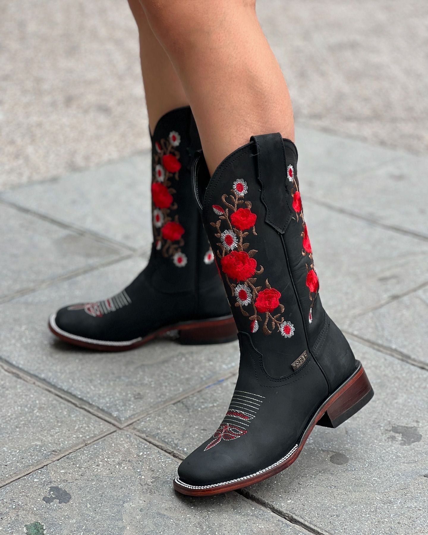 Women's Black Floral Embroidered Mid Boots