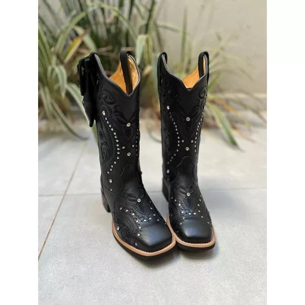 Women's Black Leather Embroidered Diamond Pattern Boots