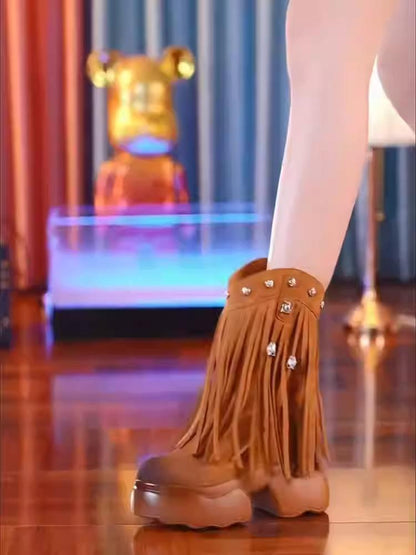 10cm ultra high thick sole tassel women's boots