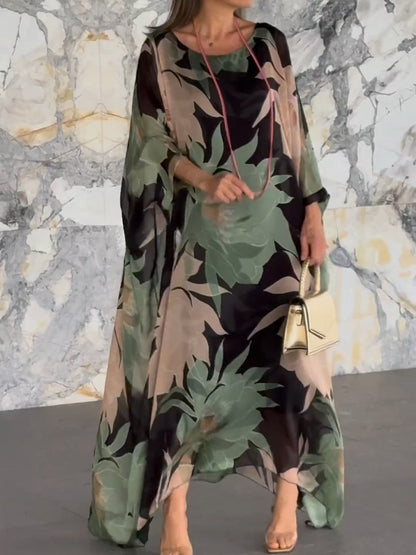 Spring and Autumn Round Neck Long Sleeve Printed Long Skirt