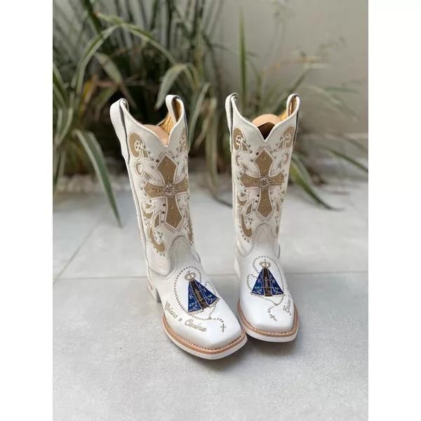 White Leather Embroidered Cross Women's Boots