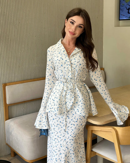 Pure cotton floral dress suit—puff sleeves and V-neck design